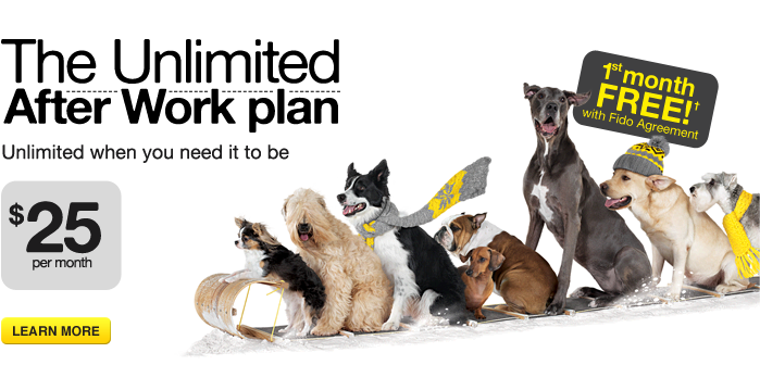 The Unlimited After Work Plan 25$ per month - Fido cellphone company, Phone carrier in Canada
